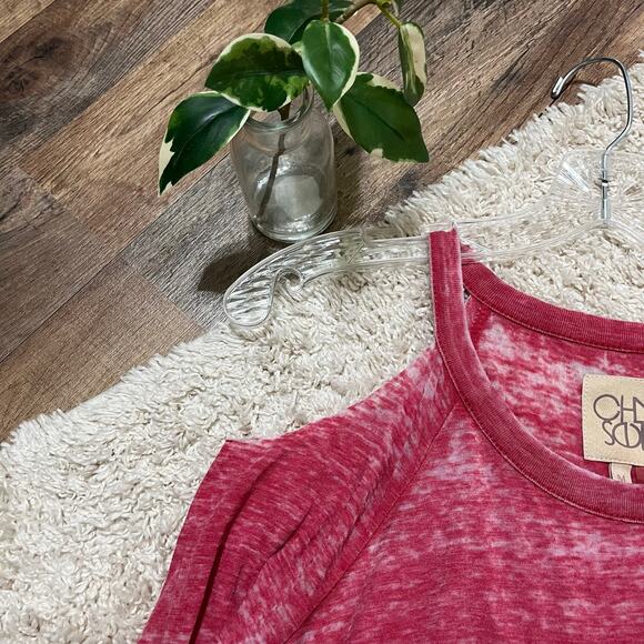 Chaser Medium Pink Bohemian Chic Sheer Burnout Raw Cold Shoulder Long Sleeve Top - Picture 3 of 6